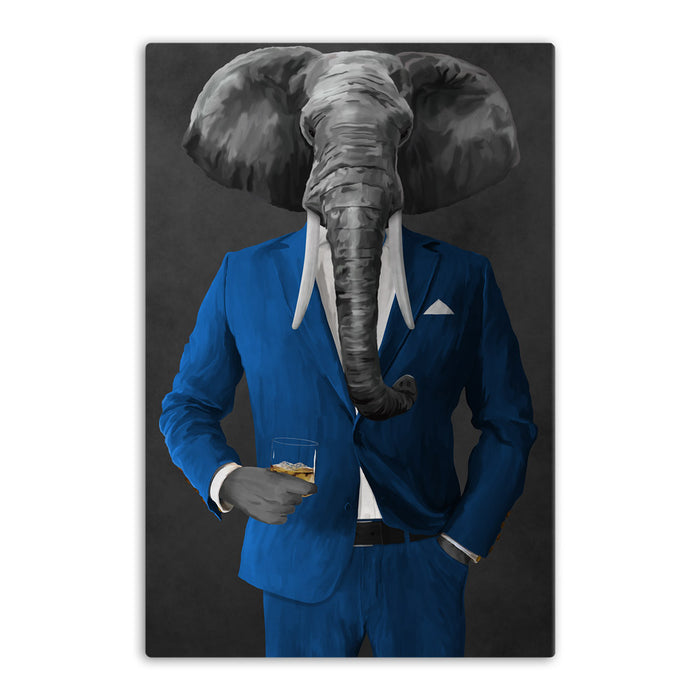 Elephant drinking whiskey wearing blue suit canvas wall art