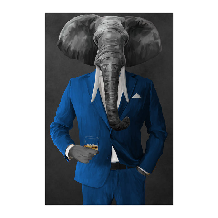Elephant drinking whiskey wearing blue suit large wall art print