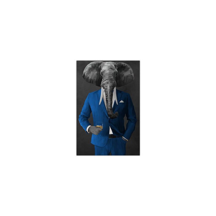 Elephant drinking whiskey wearing blue suit small wall art print