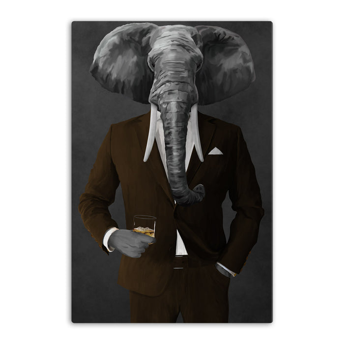 Elephant drinking whiskey wearing brown suit canvas wall art