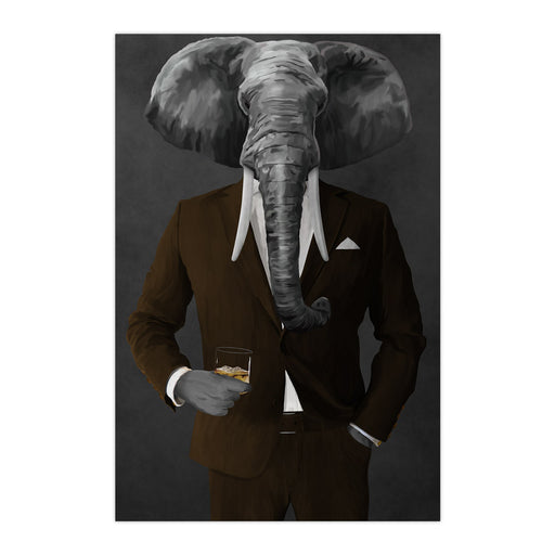 Elephant drinking whiskey wearing brown suit large wall art print