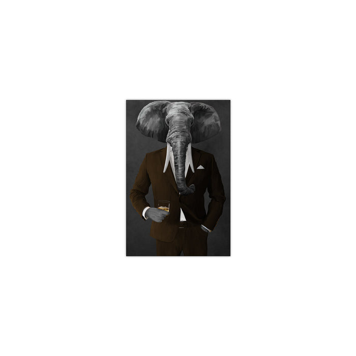 Elephant drinking whiskey wearing brown suit small wall art print