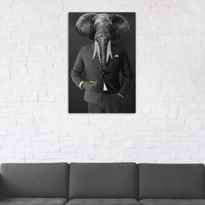 Elephant drinking whiskey wearing gray suit wall art in man cave
