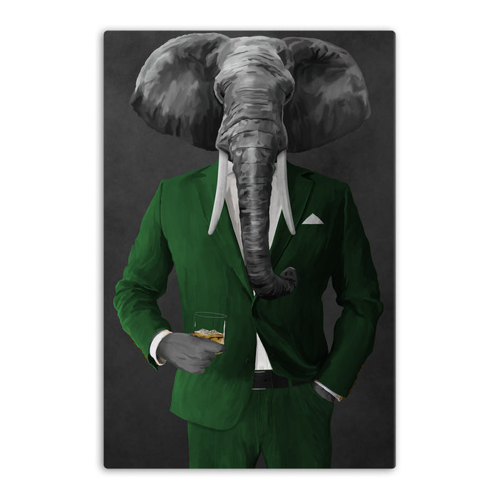 Elephant drinking whiskey wearing green suit canvas wall art