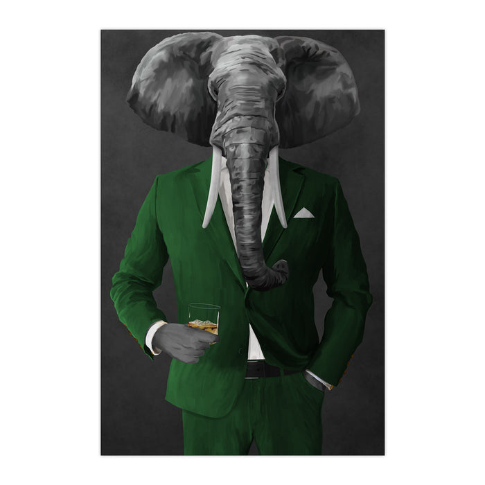 Elephant drinking whiskey wearing green suit large wall art print