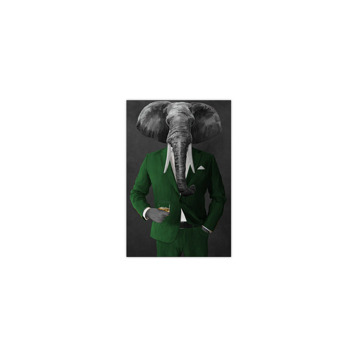 Elephant drinking whiskey wearing green suit small wall art print
