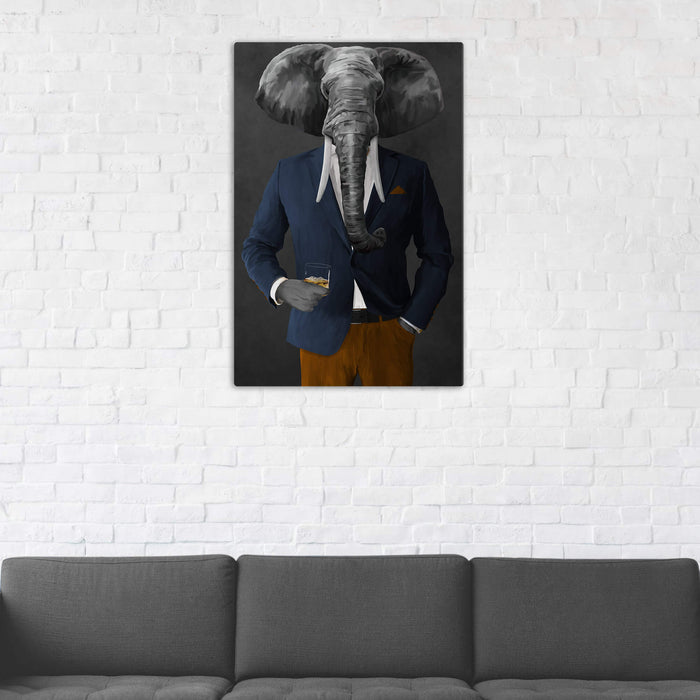 Elephant drinking whiskey wearing navy and orange suit wall art in man cave