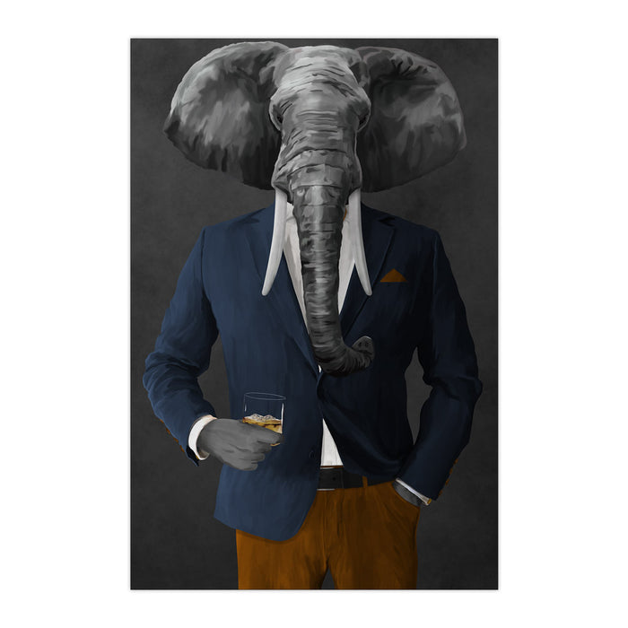 Elephant drinking whiskey wearing navy and orange suit large wall art print