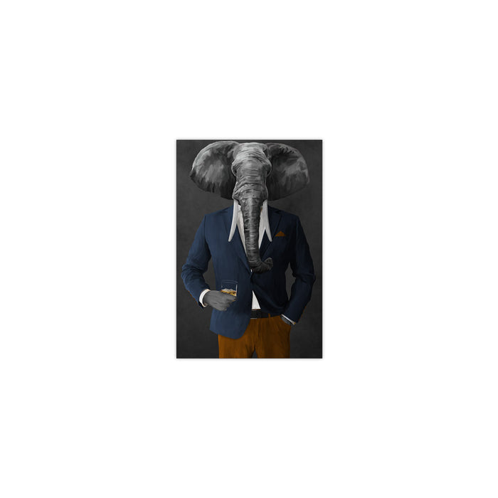 Elephant drinking whiskey wearing navy and orange suit small wall art print