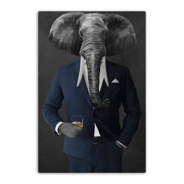 Elephant drinking whiskey wearing navy suit canvas wall art
