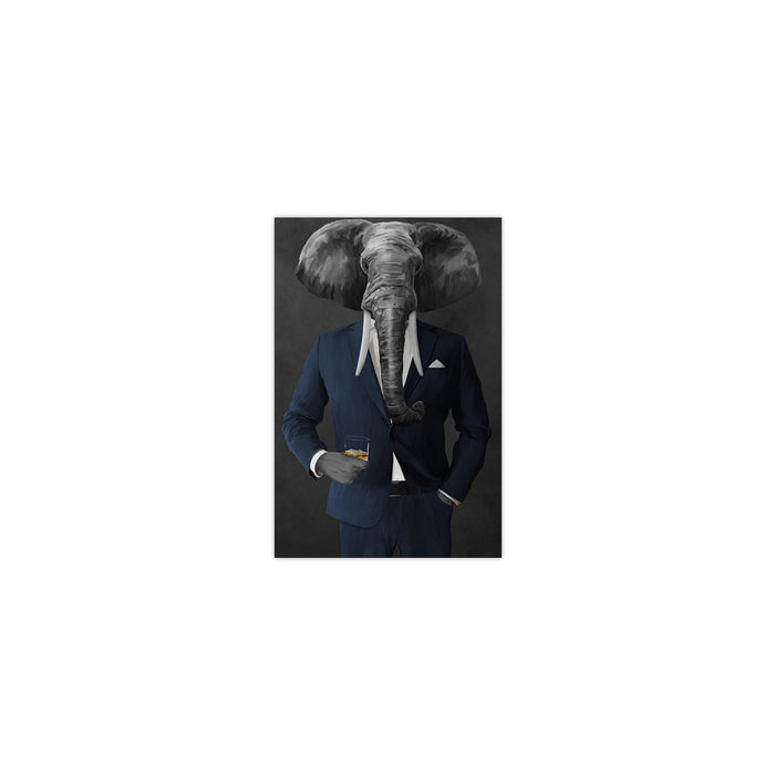 Elephant drinking whiskey wearing navy suit small wall art print