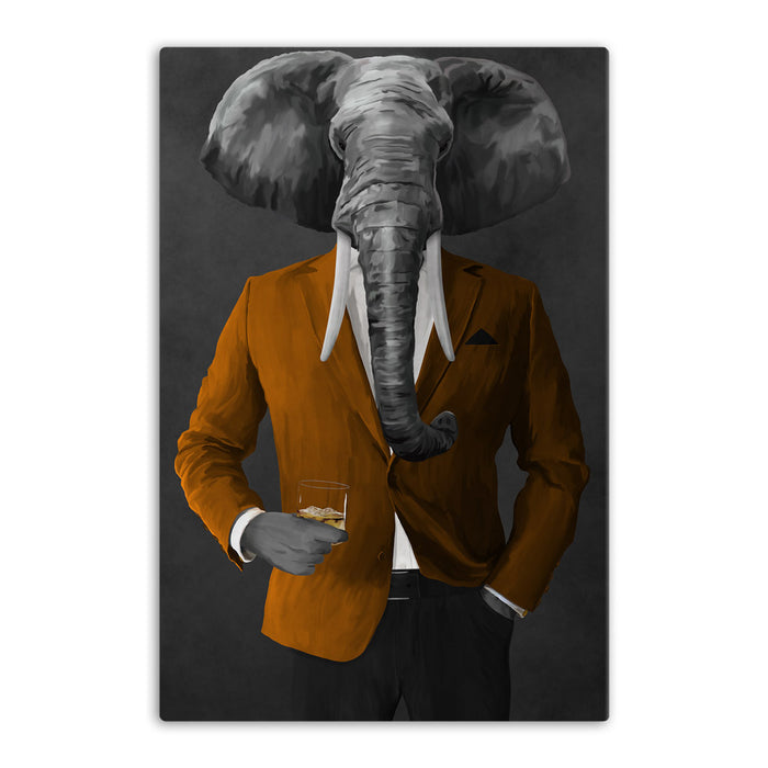 Elephant drinking whiskey wearing orange and black suit canvas wall art