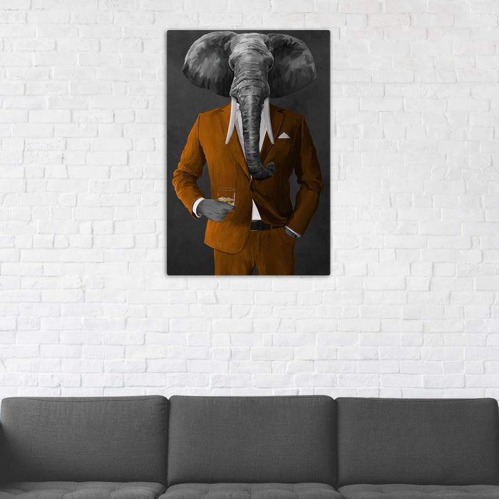Elephant drinking whiskey wearing orange suit wall art in man cave