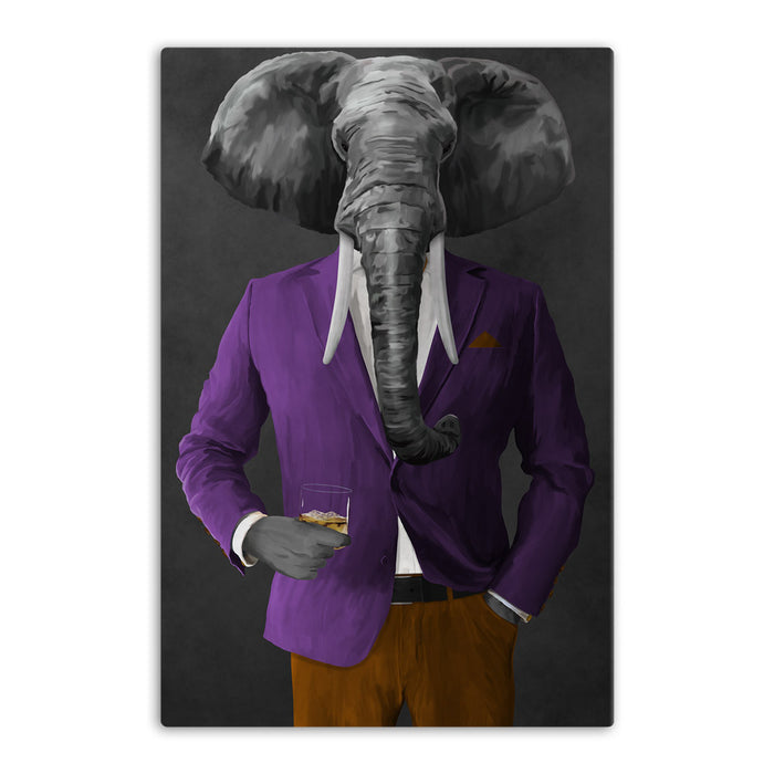 Elephant drinking whiskey wearing purple and orange suit canvas wall art