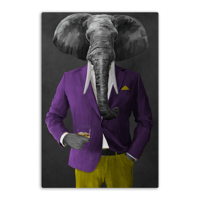 Elephant drinking whiskey wearing purple and yellow suit canvas wall art