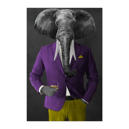 Elephant drinking whiskey wearing purple and yellow suit large wall art print