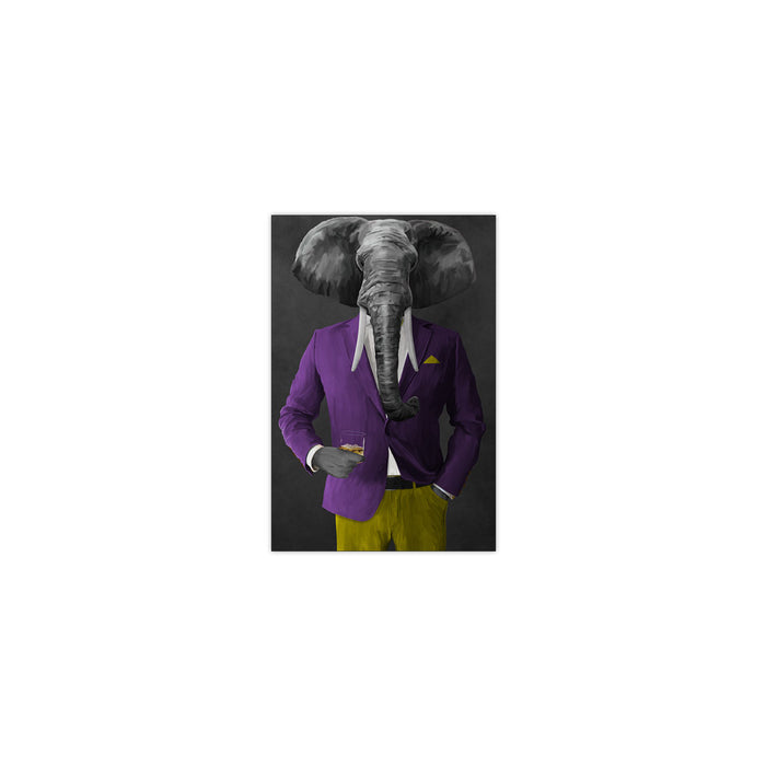 Elephant drinking whiskey wearing purple and yellow suit small wall art print
