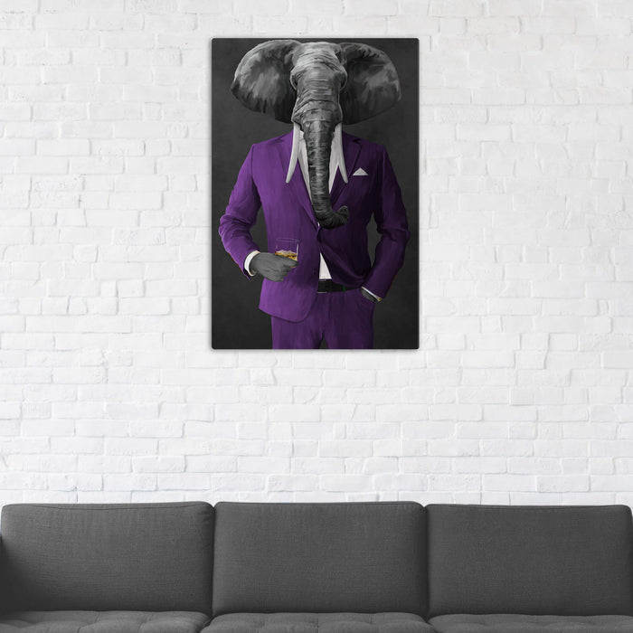 Elephant drinking whiskey wearing purple suit wall art in man cave