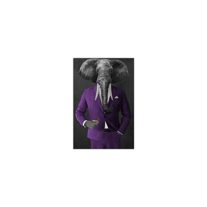 Elephant drinking whiskey wearing purple suit small wall art print