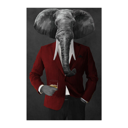 Elephant drinking whiskey wearing red and black suit large wall art print