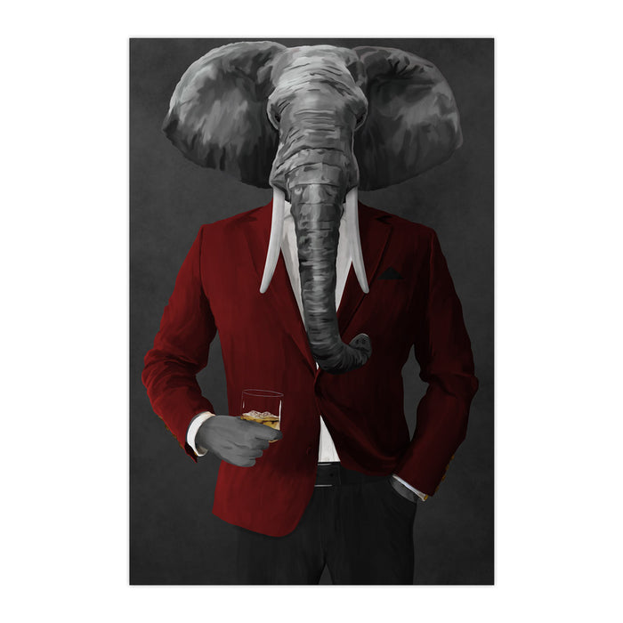 Elephant drinking whiskey wearing red and black suit large wall art print