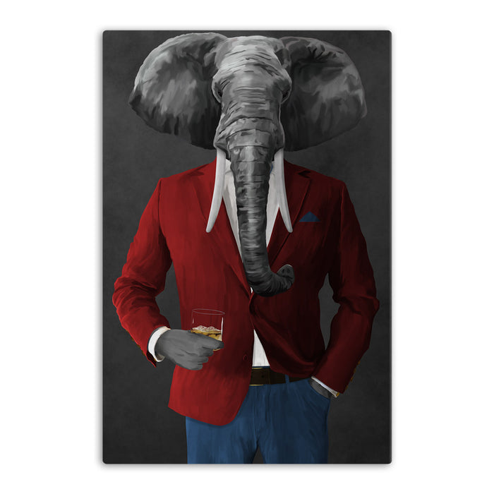Elephant drinking whiskey wearing red and blue suit canvas wall art
