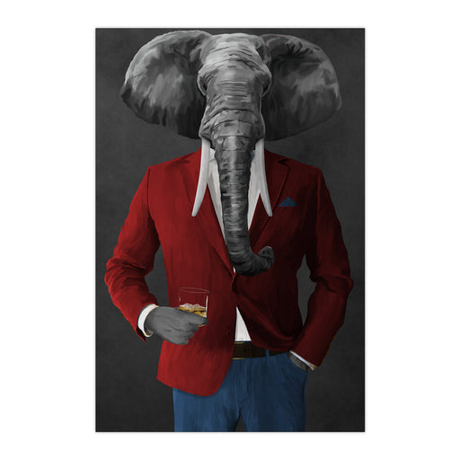 Elephant drinking whiskey wearing red and blue suit large wall art print
