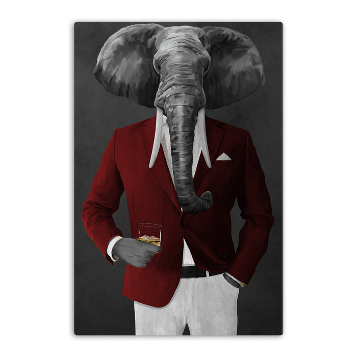 Elephant drinking whiskey wearing red and white suit canvas wall art