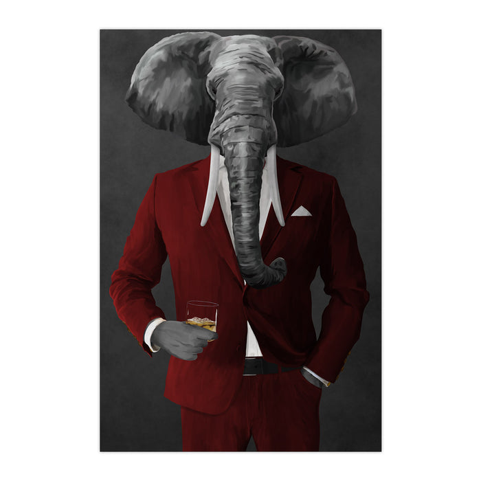 Elephant drinking whiskey wearing red suit large wall art print