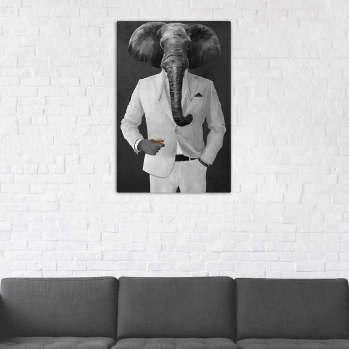 Elephant drinking whiskey wearing white suit wall art in man cave