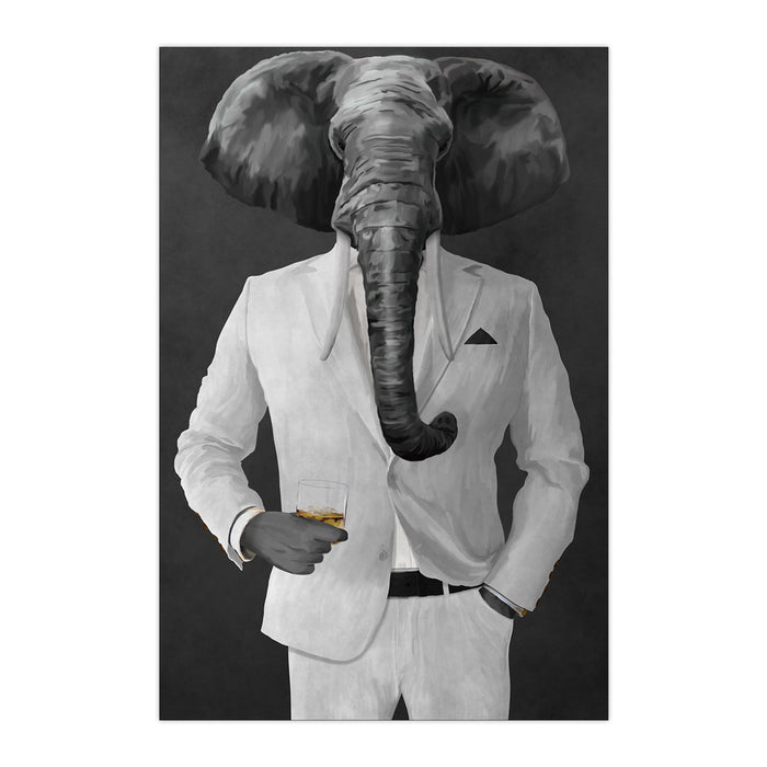 Elephant drinking whiskey wearing white suit large wall art print