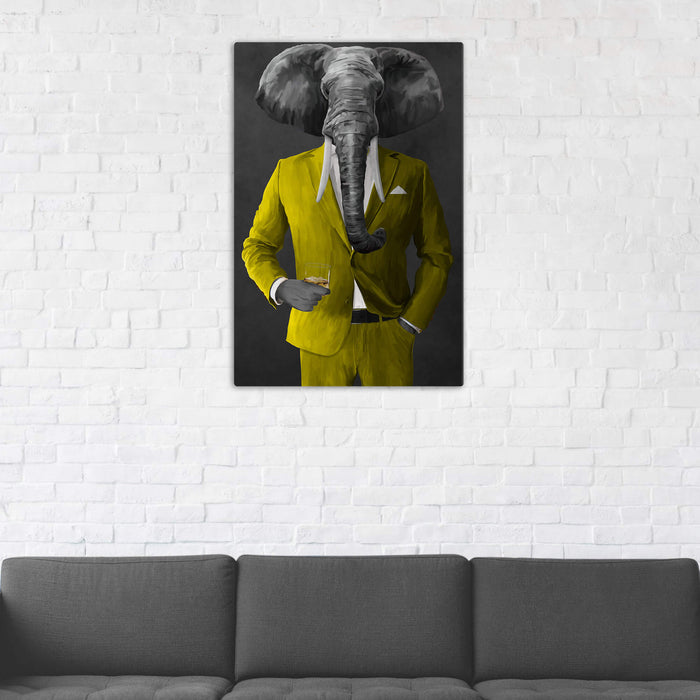 Elephant drinking whiskey wearing yellow suit wall art in man cave