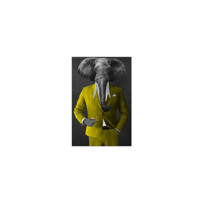 Elephant drinking whiskey wearing yellow suit small wall art print