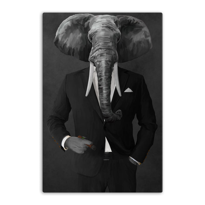Elephant smoking cigar wearing black suit canvas wall art