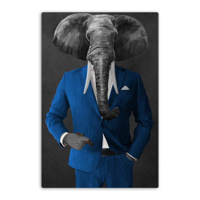 Elephant smoking cigar wearing blue suit canvas wall art
