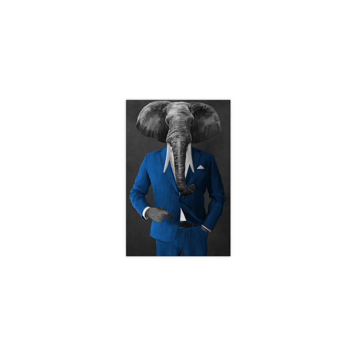 Elephant smoking cigar wearing blue suit small wall art print