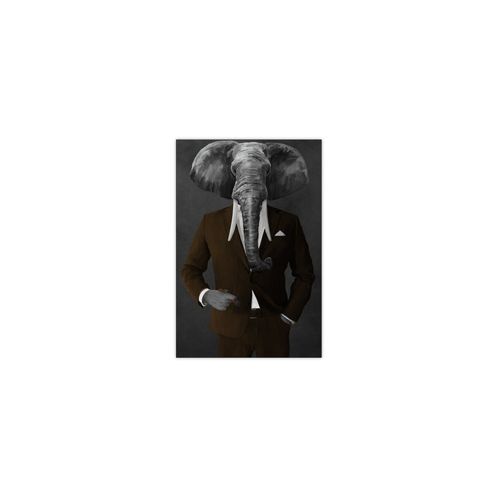 Elephant smoking cigar wearing brown suit small wall art print