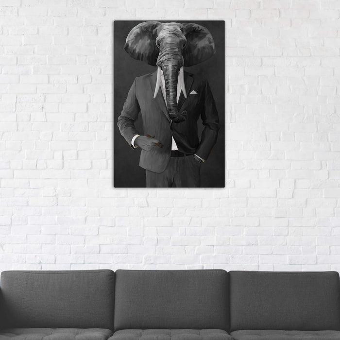 Elephant smoking cigar wearing gray suit wall art in man cave