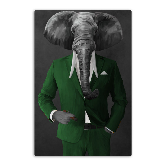 Elephant smoking cigar wearing green suit canvas wall art