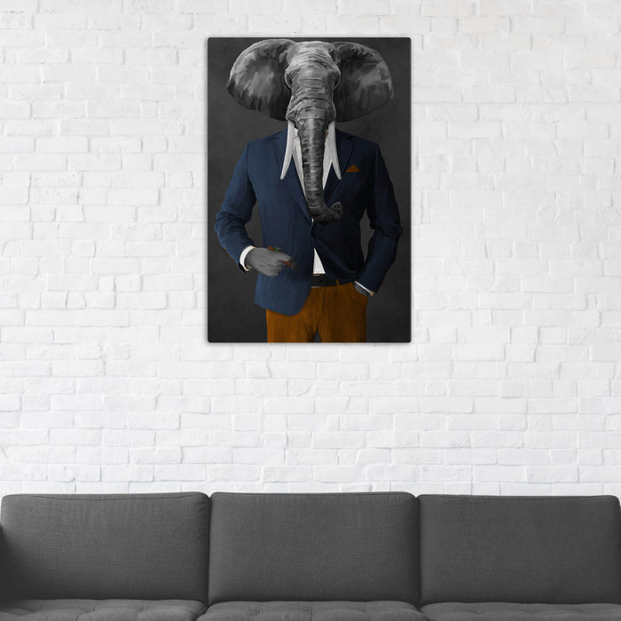 Elephant smoking cigar wearing navy and orange suit wall art in man cave