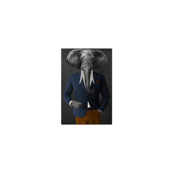 Elephant smoking cigar wearing navy and orange suit small wall art print