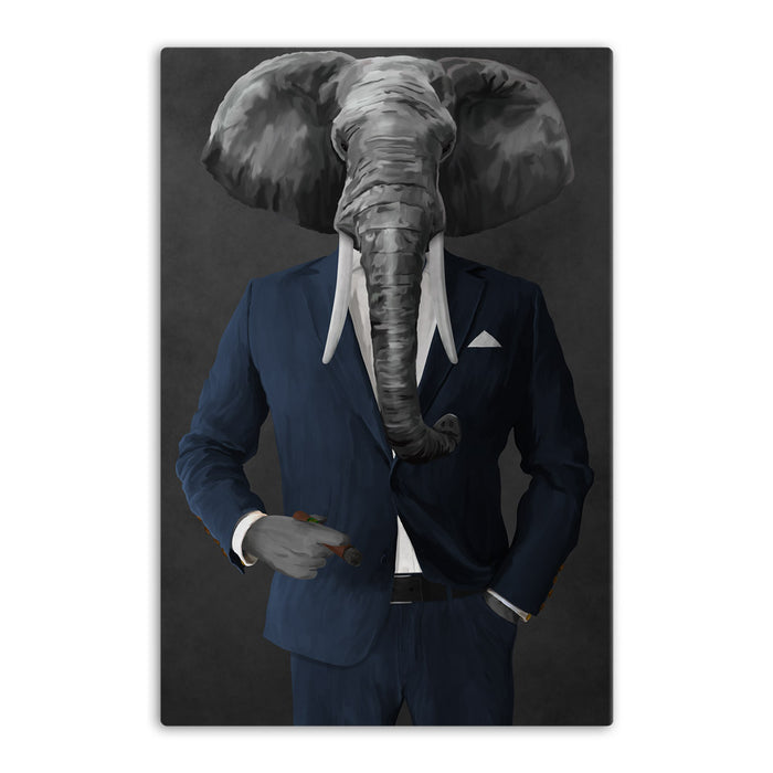 Elephant smoking cigar wearing navy suit canvas wall art