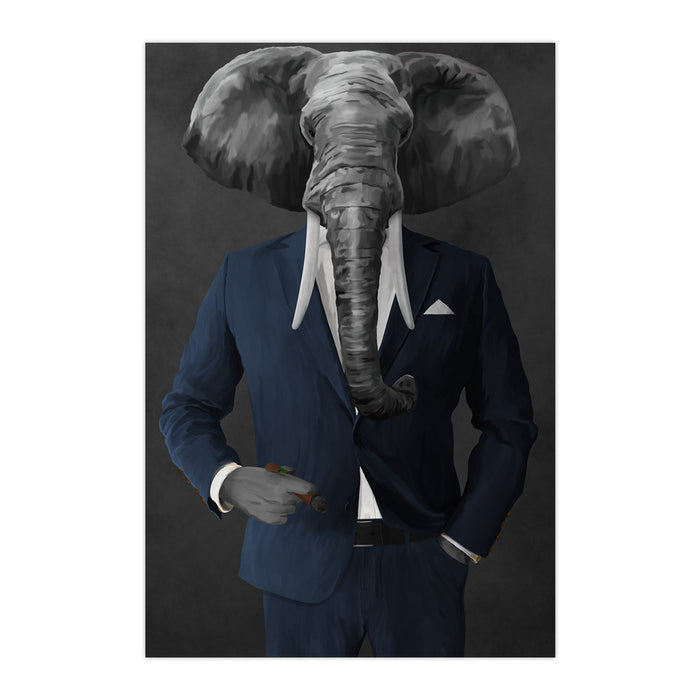 Elephant smoking cigar wearing navy suit large wall art print