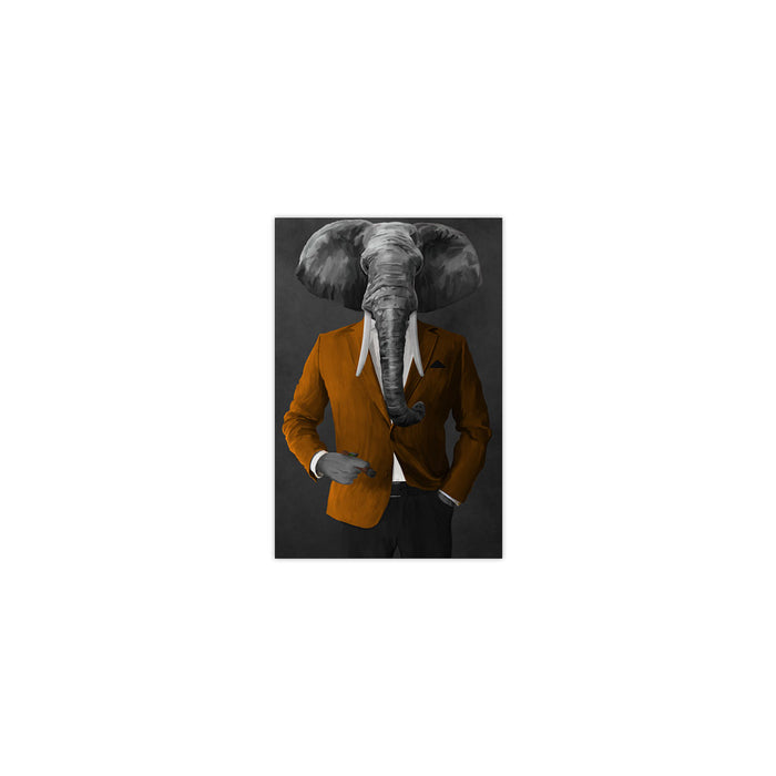Elephant smoking cigar wearing orange and black suit small wall art print