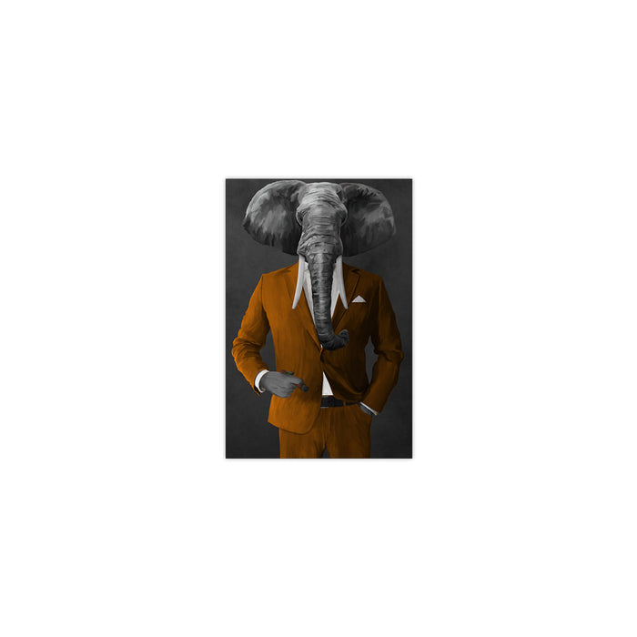 Elephant smoking cigar wearing orange suit small wall art print