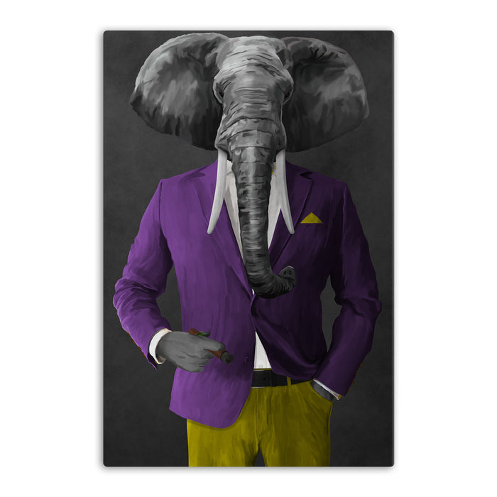 Elephant smoking cigar wearing purple and yellow suit canvas wall art