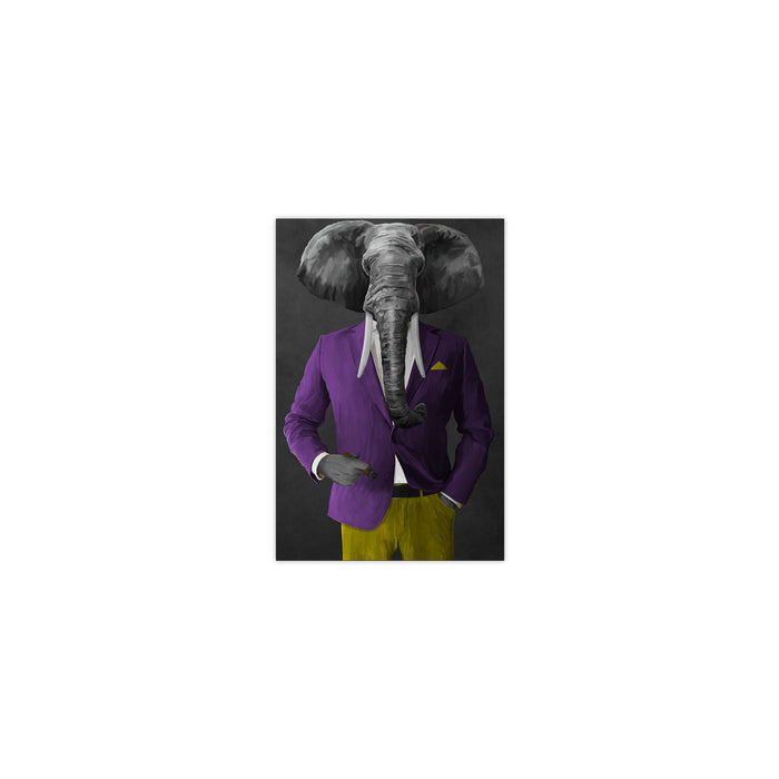 Elephant smoking cigar wearing purple and yellow suit small wall art print