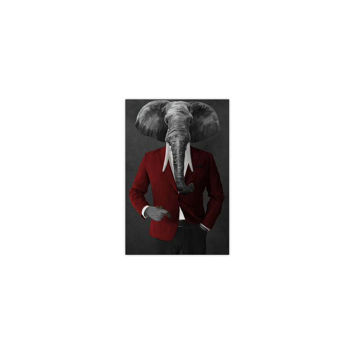 Elephant smoking cigar wearing red and black suit small wall art print