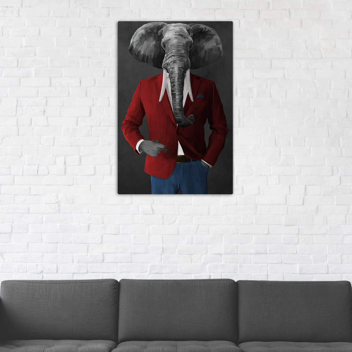 Elephant smoking cigar wearing red and blue suit wall art in man cave