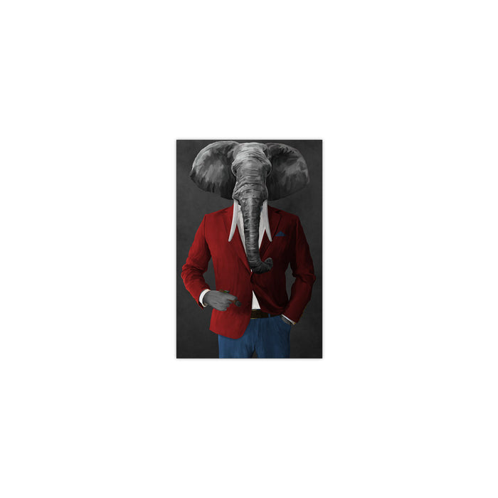 Elephant smoking cigar wearing red and blue suit small wall art print